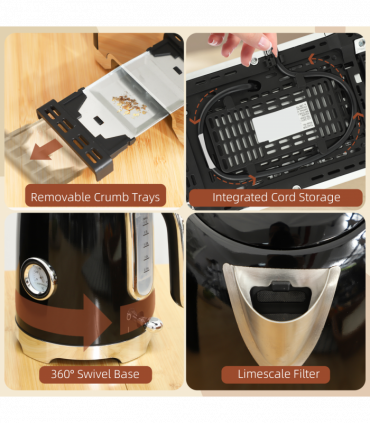 HOMCOM Kettle and Toaster Set with Temperature Gauge, Crumb Tray, Black