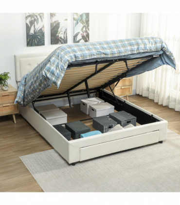 HOMCOM King Size Bed Frame with Storage and Adjustable Headboard, Cream