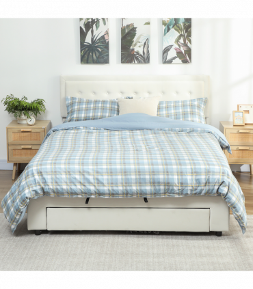 HOMCOM King Size Bed Frame with Storage and Adjustable Headboard, Cream