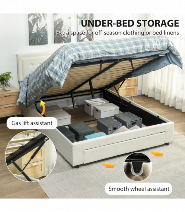 HOMCOM King Size Bed Frame with Storage and Adjustable Headboard, Cream