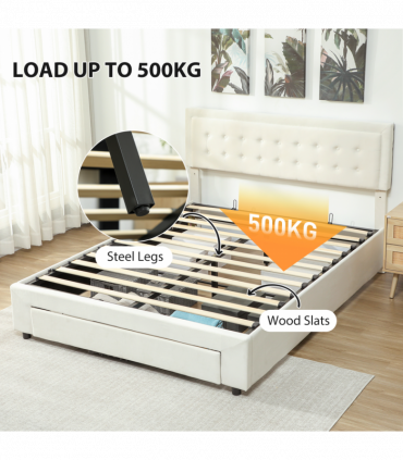 HOMCOM King Size Bed Frame with Storage and Adjustable Headboard, Cream