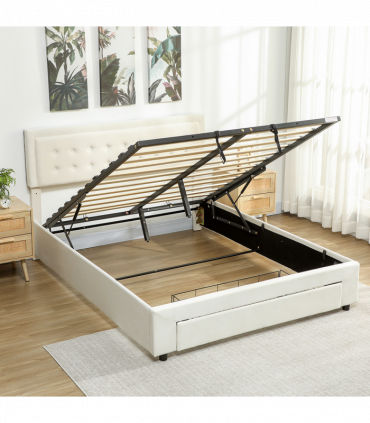 HOMCOM King Size Bed Frame with Storage and Adjustable Headboard, Cream