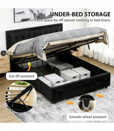 HOMCOM King Size Bed Frame with Storage and Adjustable Headboard, Black