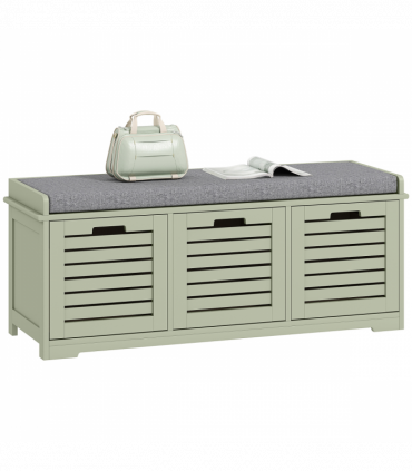 HOMCOM 3-Door Shoe Storage Bench Cushion Seat Slatted Doors, Green