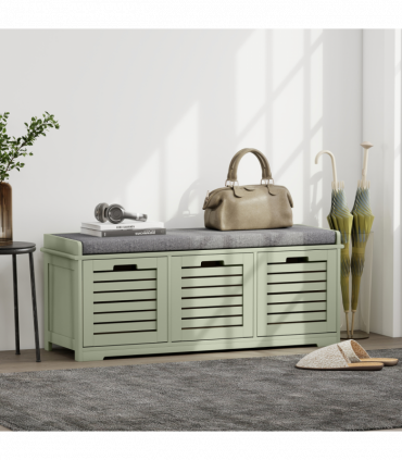 HOMCOM 3-Door Shoe Storage Bench Cushion Seat Slatted Doors, Green
