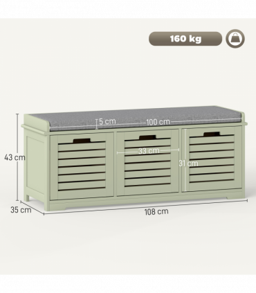 HOMCOM 3-Door Shoe Storage Bench Cushion Seat Slatted Doors, Green