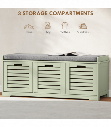 HOMCOM 3-Door Shoe Storage Bench Cushion Seat Slatted Doors, Green