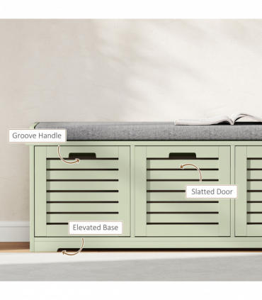HOMCOM 3-Door Shoe Storage Bench Cushion Seat Slatted Doors, Green