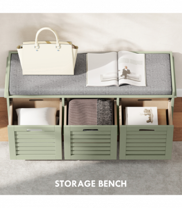 HOMCOM 3-Door Shoe Storage Bench Cushion Seat Slatted Doors, Green