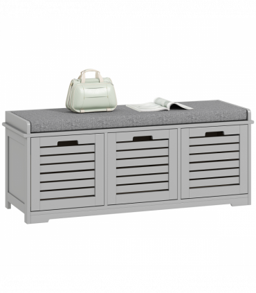 HOMCOM 3-Door Shoe Storage Bench Cushion Seat Slatted Doors, Grey