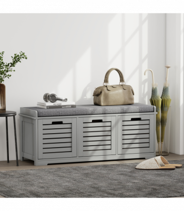 HOMCOM 3-Door Shoe Storage Bench Cushion Seat Slatted Doors, Grey