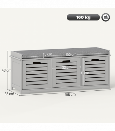 HOMCOM 3-Door Shoe Storage Bench Cushion Seat Slatted Doors, Grey
