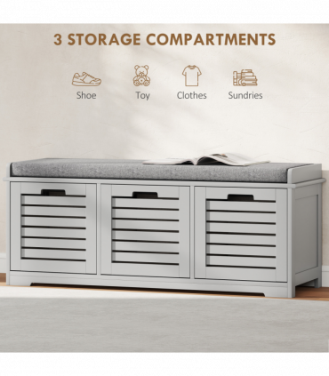 HOMCOM 3-Door Shoe Storage Bench Cushion Seat Slatted Doors, Grey