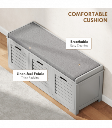 HOMCOM 3-Door Shoe Storage Bench Cushion Seat Slatted Doors, Grey
