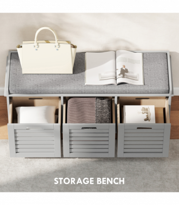 HOMCOM 3-Door Shoe Storage Bench Cushion Seat Slatted Doors, Grey