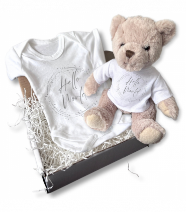 Personalised Hello World Silver Circle Gift Hamper - Teddy & Baby Vest