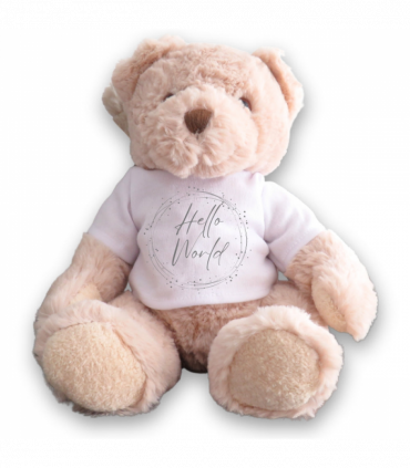 Personalised Hello World Silver Circle Gift Hamper - Teddy & Baby Vest
