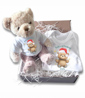 Personalised Happy 1st Christmas Teddy Gift Hamper - Teddy & Baby Vest