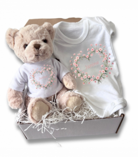 Personalised Pink Flower Heart Name Gift Hamper - Teddy & Baby Vest
