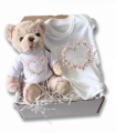 Personalised Pink Flower Heart Name Gift Hamper - Teddy & Baby Vest