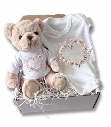 Personalised Pink Flower Heart Name Gift Hamper - Teddy & Baby Vest