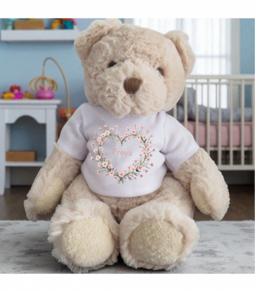 Personalised Pink Flower Heart Name Gift Hamper - Teddy & Baby Vest