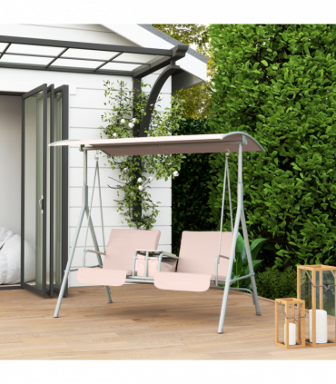 Outsunny 2 Person Covered Patio Swing with Pivot Table & Storage Console Beige