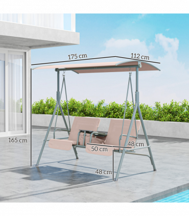 Outsunny 2 Person Covered Patio Swing with Pivot Table & Storage Console Beige