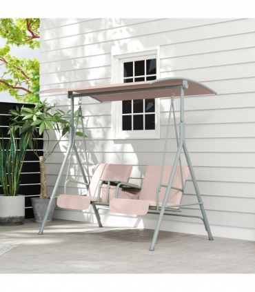 Outsunny 2 Person Covered Patio Swing with Pivot Table & Storage Console Beige