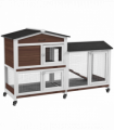 PawHut Wooden Rabbit Hutch Guinea Pig Cage w/ Wheels, Run, Ramp, Brown