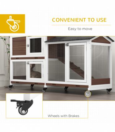 PawHut Wooden Rabbit Hutch Guinea Pig Cage w/ Wheels, Run, Ramp, Brown