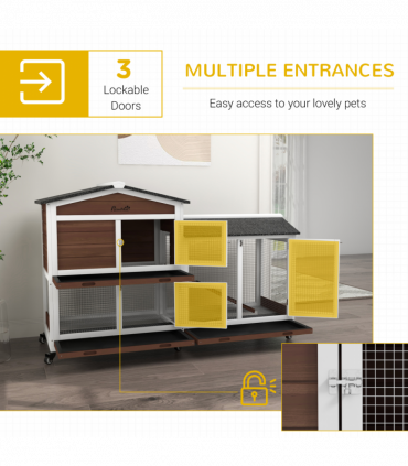 PawHut Wooden Rabbit Hutch Guinea Pig Cage w/ Wheels, Run, Ramp, Brown