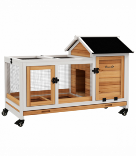 PawHut Wooden Rabbit Hutch, Small Animal House w/ Wheels, Removable Tray-Yellow