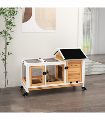 PawHut Wooden Rabbit Hutch, Small Animal House w/ Wheels, Removable Tray-Yellow