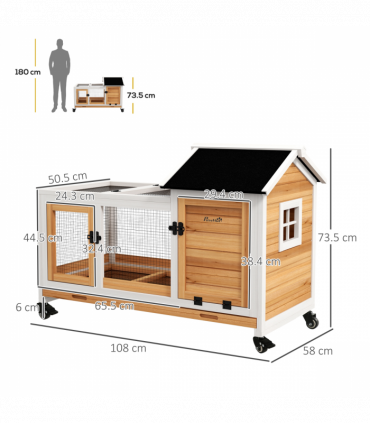 PawHut Wooden Rabbit Hutch, Small Animal House w/ Wheels, Removable Tray-Yellow