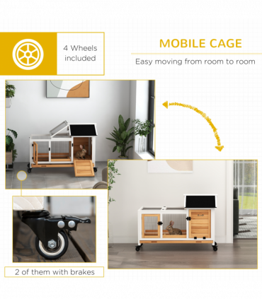 PawHut Wooden Rabbit Hutch, Small Animal House w/ Wheels, Removable Tray-Yellow