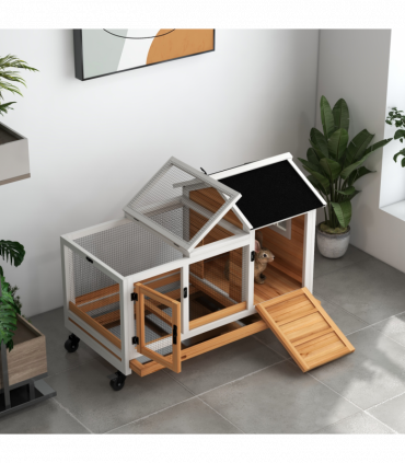 PawHut Wooden Rabbit Hutch, Small Animal House w/ Wheels, Removable Tray-Yellow