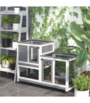 Wooden Rabbit Hutch Bunny Guinea Pigs House Cage Wheels Indoor 110 x 50 x 86cm