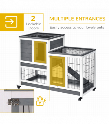 Wooden Rabbit Hutch Bunny Guinea Pigs House Cage Wheels Indoor 110 x 50 x 86cm