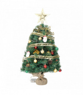 24 in Pre-lit Artificial Mini Christmas Tree, Tabletop Small Xmas Pine Tree with Ornaments and 30 Warm Lights Battery Operated and Paper Wrapped Base for Home Office Store Holiday Deco, Green