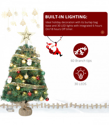 24 in Pre-lit Artificial Mini Christmas Tree, Tabletop Small Xmas Pine Tree with Ornaments and 30 Warm Lights Battery Operated and Paper Wrapped Base for Home Office Store Holiday Deco, Green