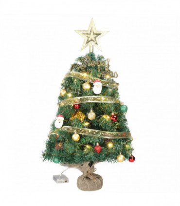 24 in Pre-lit Artificial Mini Christmas Tree, Tabletop Small Xmas Pine Tree with Ornaments and 30 Warm Lights Battery Operated and Paper Wrapped Base for Home Office Store Holiday Deco, Green