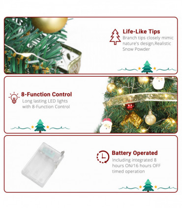 24 in Pre-lit Artificial Mini Christmas Tree, Tabletop Small Xmas Pine Tree with Ornaments and 30 Warm Lights Battery Operated and Paper Wrapped Base for Home Office Store Holiday Deco, Green