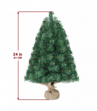 24 in Pre-lit Artificial Mini Christmas Tree, Tabletop Small Xmas Pine Tree with Ornaments and 30 Warm Lights Battery Operated and Paper Wrapped Base for Home Office Store Holiday Deco, Green