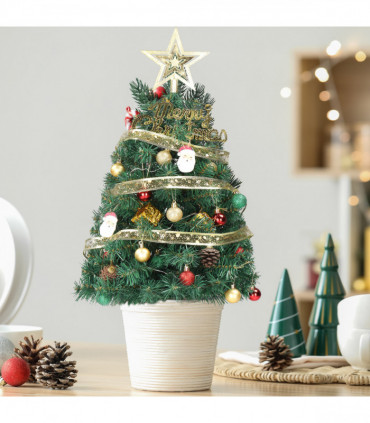 24 in Pre-lit Artificial Mini Christmas Tree, Tabletop Small Xmas Pine Tree with Ornaments and 30 Warm Lights Battery Operated and Paper Wrapped Base for Home Office Store Holiday Deco, Green