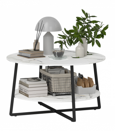 HOMCOM Round Coffee Table with Storage Shelf and Marble Effect Top, White