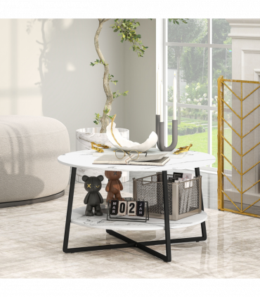 HOMCOM Round Coffee Table with Storage Shelf and Marble Effect Top, White