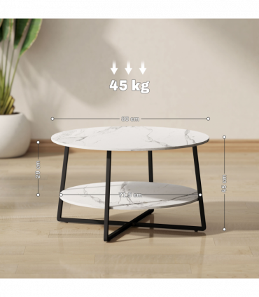 HOMCOM Round Coffee Table with Storage Shelf and Marble Effect Top, White