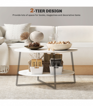 HOMCOM Round Coffee Table with Storage Shelf and Marble Effect Top, White