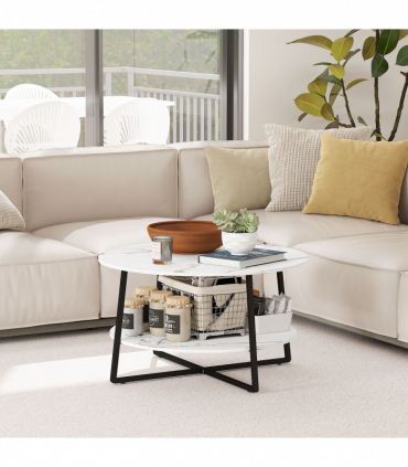 HOMCOM Round Coffee Table with Storage Shelf and Marble Effect Top, White